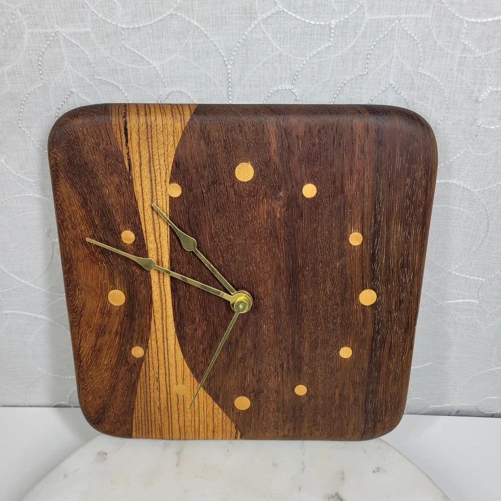 VTG Mixed Wood Wall Clock MCM Brass Hands Quartz Japan Studio Handmade Works